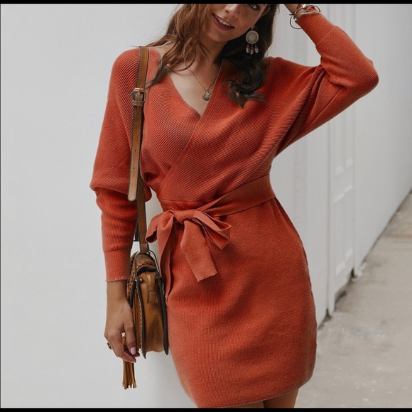 Women's V Neck Sweater Dress Long Sleeve Backless Bodycon Dress w/Belt - Picture 9 of 10